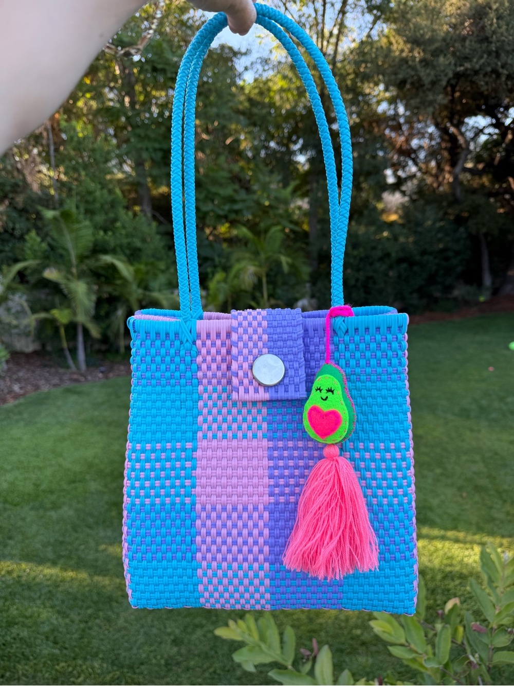 Turquoise Pink Purple Woven Tote with Tassel Charm